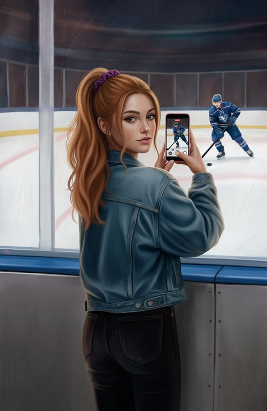 Ilustrace z knihy Kousek tebe: Kennedy u mantinelu natáčí hokejistu na mobil
